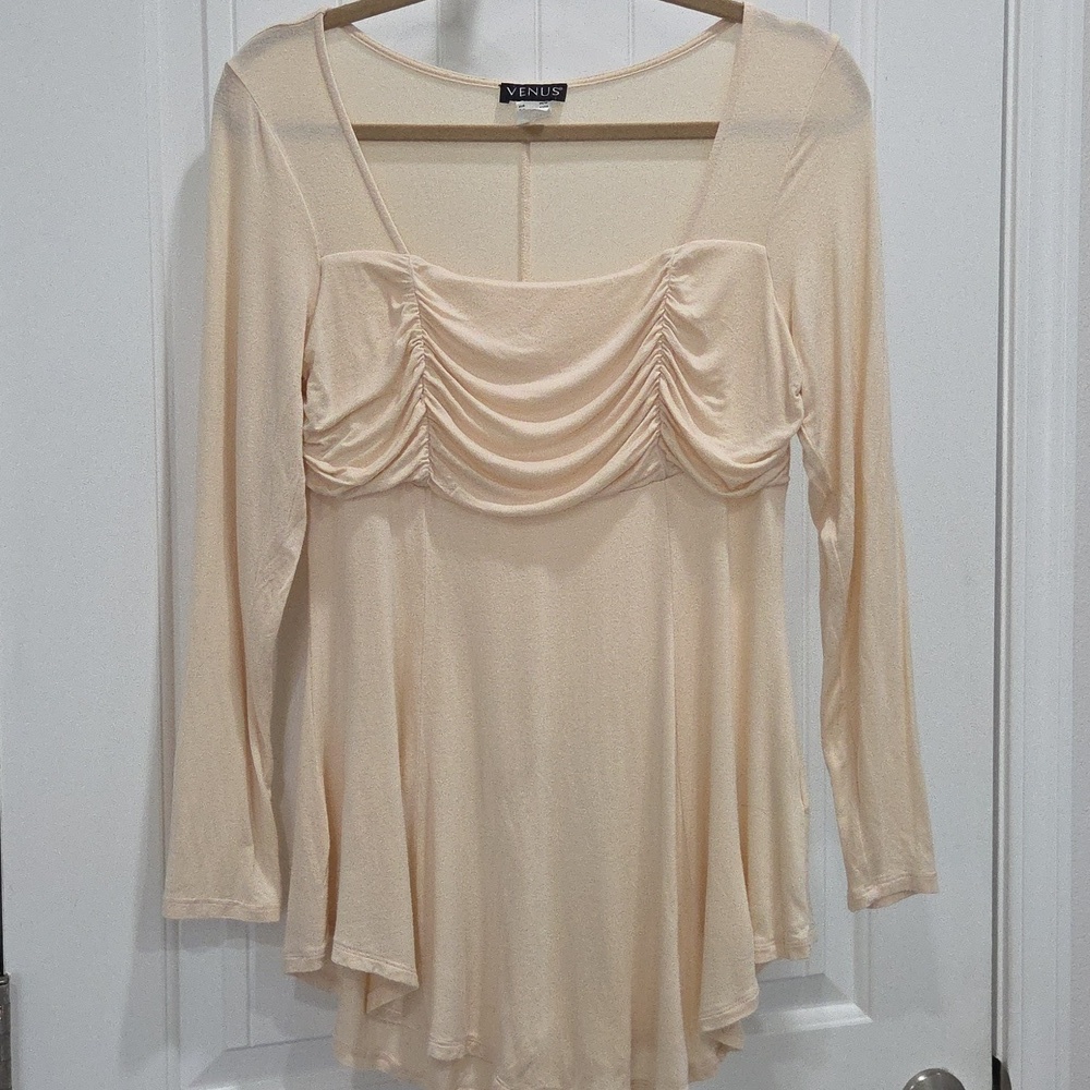 Venus Long Sleeve Babydoll Fit Shirt With Ruching, Large
